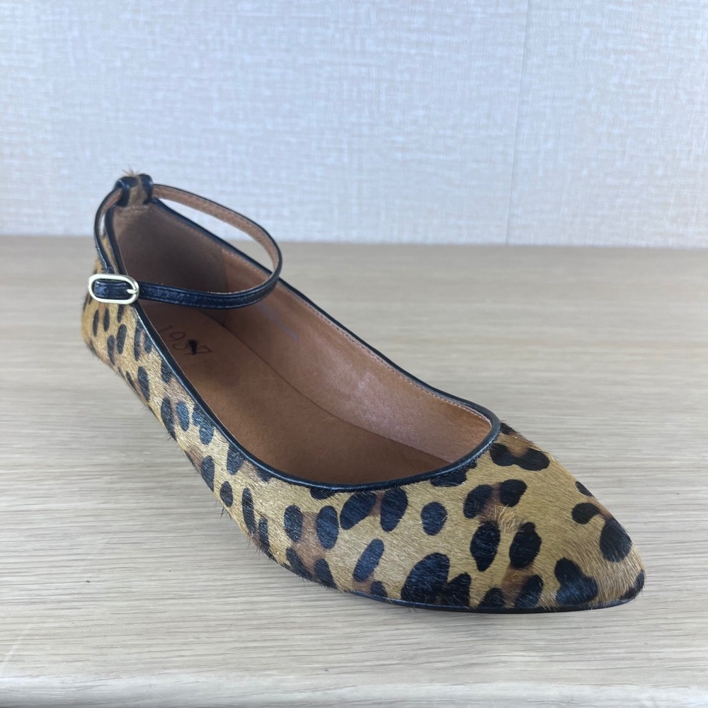 1937 Footwear Leopard Calf Hair Pointed Toe Ankle Strap Wedge Pumps Womens 8